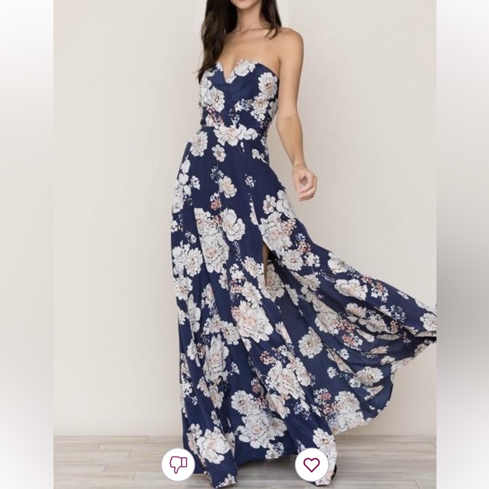 Yumi Kim Navy Blue 100% Silk Floral Strapless Maxi Dress
